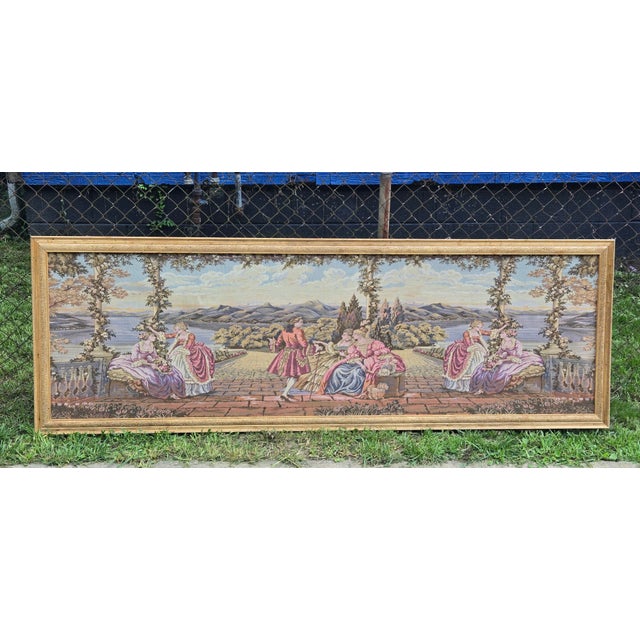 Large Vintage Framed European Hand Crafted Rococo-Style Needlepoint Tapestry Wall Hanging – Romantic Garden Scene For Sale - Image 18 of 18
