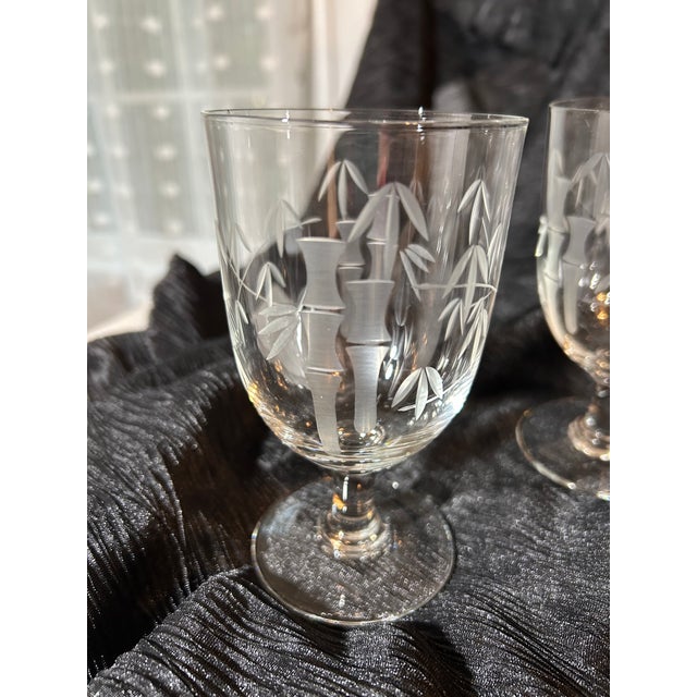 1950s Vintage Sasaki by Noritake Bamboo-Etched Crystal Wine/Water Goblets Set of 14 For Sale - Image 5 of 7