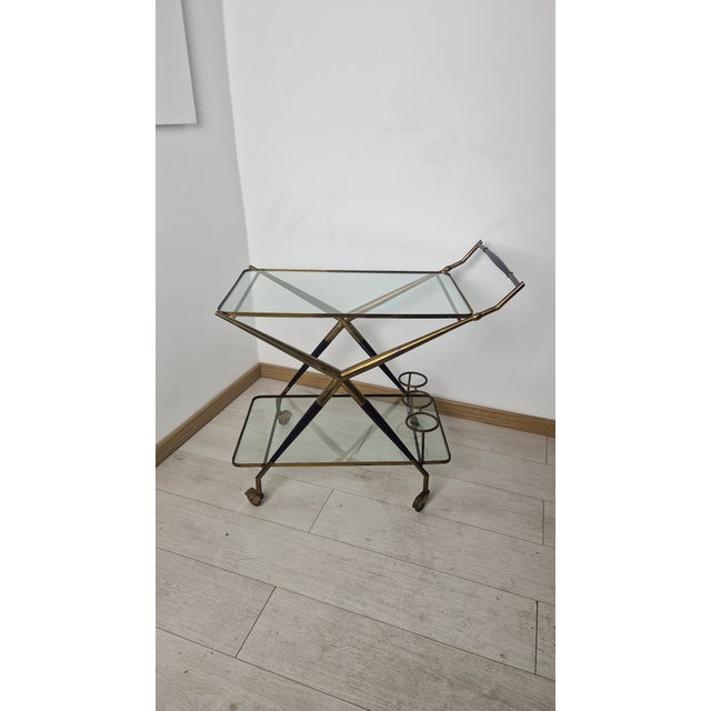 Brown Trolley in Wood, Brass and Glass Shelves attributed to Cesare Lacca for Cassina, 1950s For Sale - Image 8 of 16
