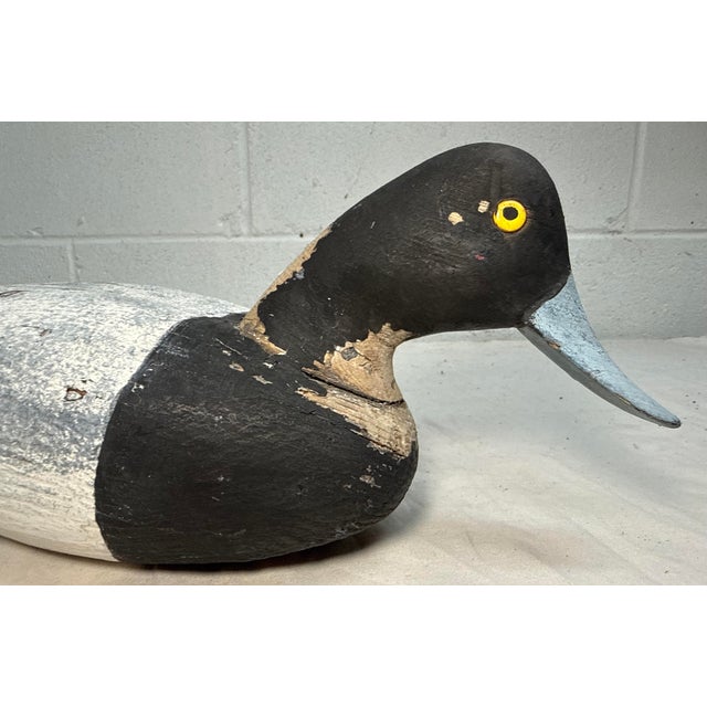 Wood Antique Hand Carved Wood Folk Art Bluebill Drake Duck Decoy Bird Sculpture For Sale - Image 7 of 12