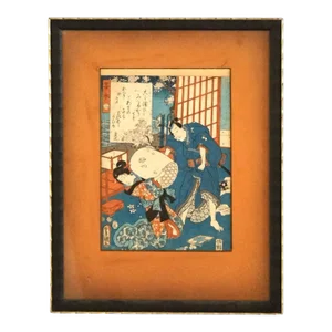 Antique Japanese Woodblock Print with Figures by Kunisada, Framed, C1920