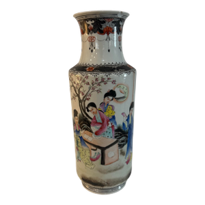 Vintage Chinese Famille Rose Scholar Scene Chinoiserie Vase 13.5” Tall