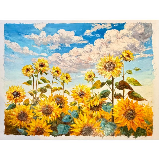 Contemporary Sunflower Field Under Blue Skies — Original Oil Painting, Unstretched, 30" × 40" For Sale - Image 3 of 7