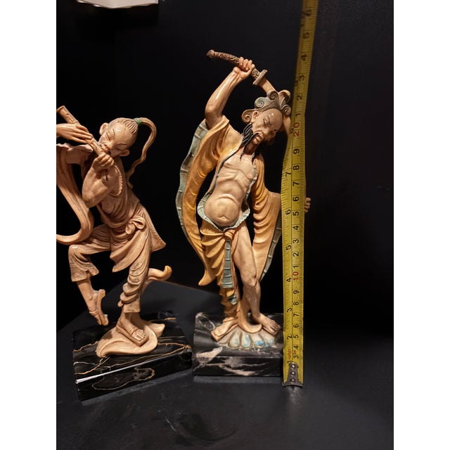 Vintage Italian Fontanini- Asian Warrior and Musician Figurine Set Mid-Century Hand-Painted Sculptures on Marble Bases For Sale - Image 9 of 12