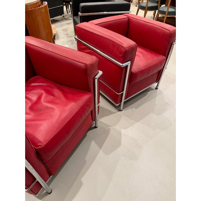 Mid-Century Modern Pair Of. Chrome and Red Leather Club Chair in the Style of Le Corbusier For Sale - Image 3 of 13