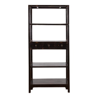 Chinese Early 20th Century Black Lacquered Bookcase with Shelves and Drawers For Sale