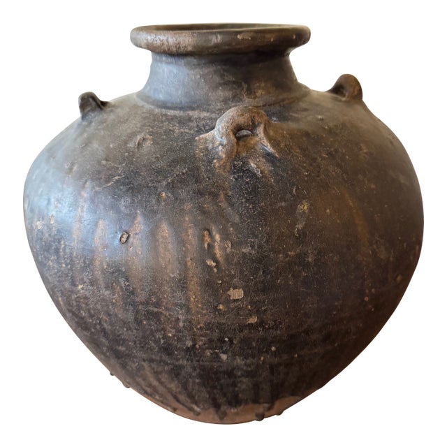 Antique Chinese Brown Martaban 16".5 Ceramic Drip Glazed Storage Jar For Sale