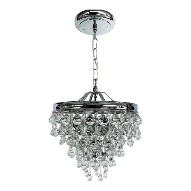 Late 20th Century Dense Crystal Teardrop Chrome Pendant 3-Light Fixture, Chain and Canopy For Sale