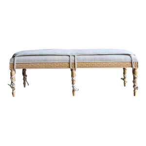 White Oak Carved French Louis XVI Style Bench Upholstered in Linen With Cushion