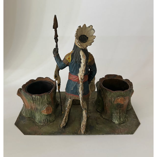 Green Antique Figural Native American Cold Painted Spelter Smoking Desk Set For Sale - Image 8 of 10