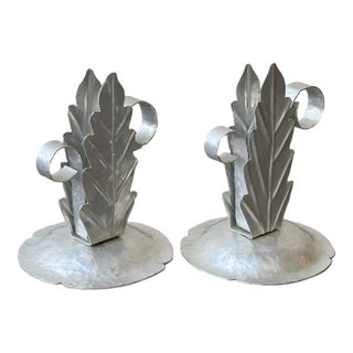 Vintage Handmade Hammered Aluminum Leaf Motif Candleholders, a Pair, Circa 1940s For Sale