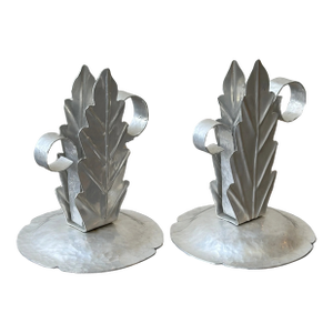 Vintage Handmade Hammered Aluminum Leaf Motif Candleholders, a Pair, Circa 1940s