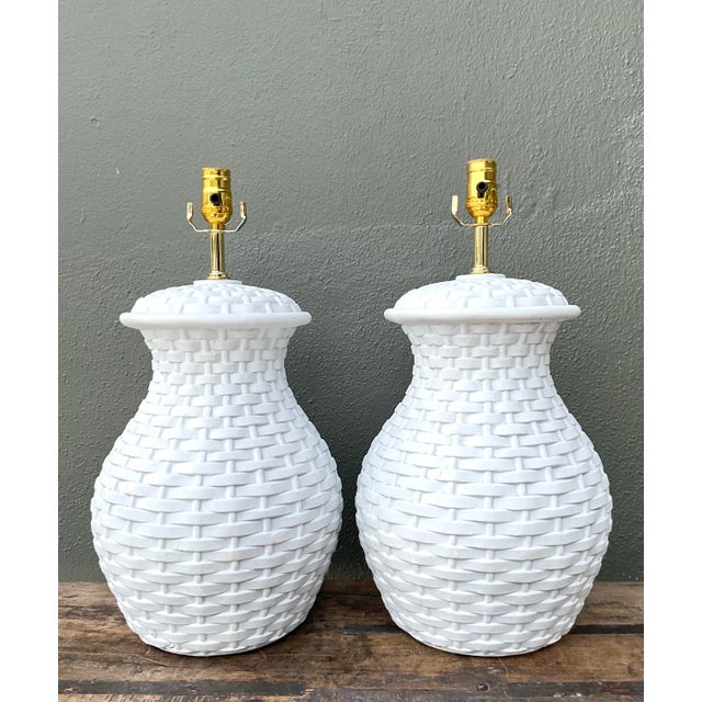 Vintage Plaster Woven Rattan Lamps - A Pair For Sale - Image 12 of 12