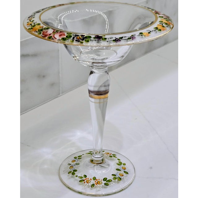 Victorian Antique Bohemian Hand-Painted Floral Glass Compote Tazza For Sale - Image 3 of 8