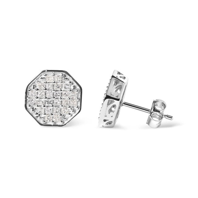 Contemporary 10K White Gold 7/8 Cttw Princess Diamond Composite Octagon Shaped Stud Earrings (I-J Color, I1-I2 Clarity) For Sale - Image 3 of 5