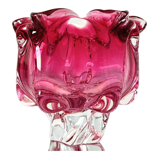 Fratelli Toso Pink Murano Footed Vase Bowl With Floral Design, C. 1950's For Sale