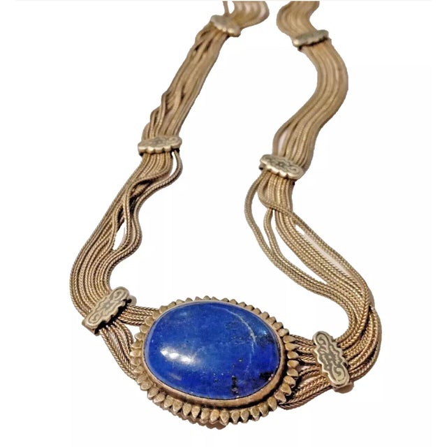 Silver Vintage Mid Century 1950s Silver Necklace Pendant Lapis Lazuli Cabochon Gemstone Collar Choker Blue Handmade For Sale - Image 8 of 12