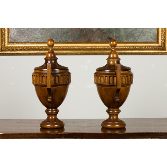Mid-Century Modern Pair of Midcentury English Carved Walnut Lidded Urns with Large Handles For Sale - Image 3 of 11