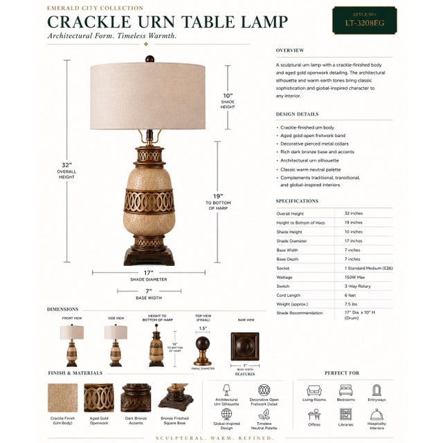 Modern Late 20th Century Crackle Urn Table Lamp With Decorative Openwork Bands & Linen Drum Shade For Sale - Image 3 of 3