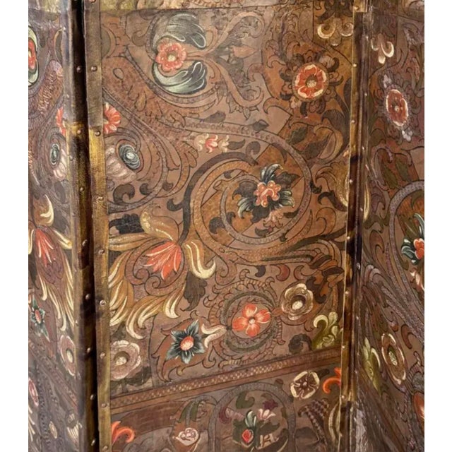 18th Century Spanish Painted and Parcel-Gilt Leather Four Panel Screen For Sale - Image 5 of 11