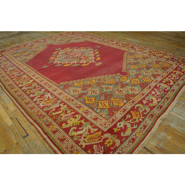 Textile Spellbinding Red-Raspebery Fiedl With Delicate Medallion Pattern Antique Turkish Ghiordes Oushak Rug For Sale - Image 7 of 12