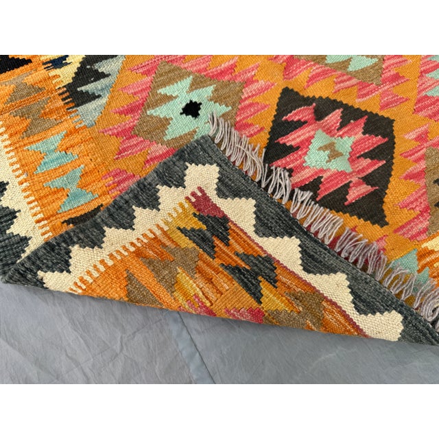 Vintage Afghan Handwoven Colorful Kilim Rug, Geometric Tribal Flat-Weave Wool Rug For Sale - Image 9 of 11