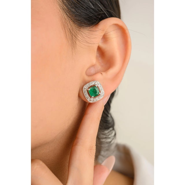 2.63 Ct Cushion Cut Emerald and Diamond Halo Stud Earrings- 2 Pieces For Sale - Image 4 of 9