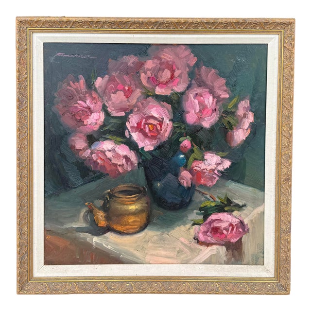 1960s American Giltwood Framed & Signed Floral Peonies Oil on Board - Still Life Roses For Sale