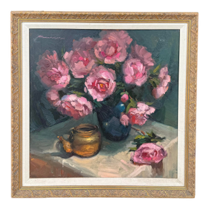 1960s American Giltwood Framed & Signed Floral Peonies Oil on Board - Still Life Roses