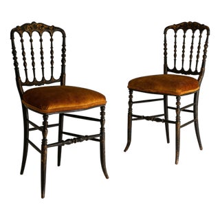 1880s French Napoleon III Chiavari Chairs In Ebonized Wood & Upholstery - A Pair For Sale