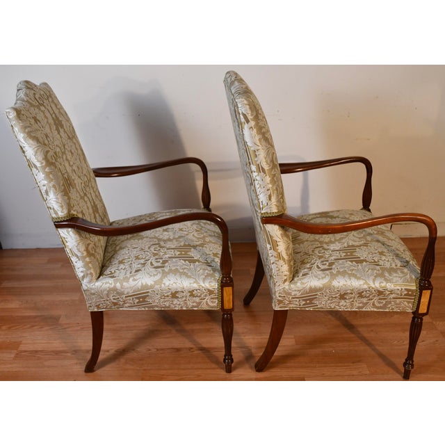 1980s Hickory Chair English Hepplewhite Mahogany Inlay Pair of High-Back Chairs For Sale - Image 9 of 17