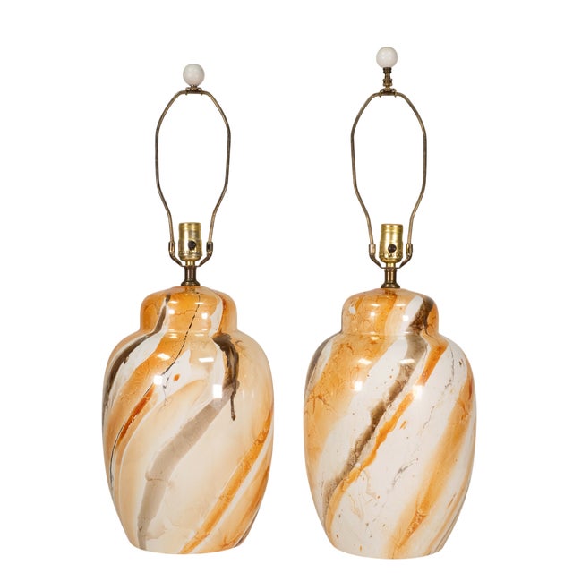 Ceramic Vintage Morris Greenspan Marbled Glazed Drip Ceramic Table Lamps - Pair For Sale - Image 7 of 17