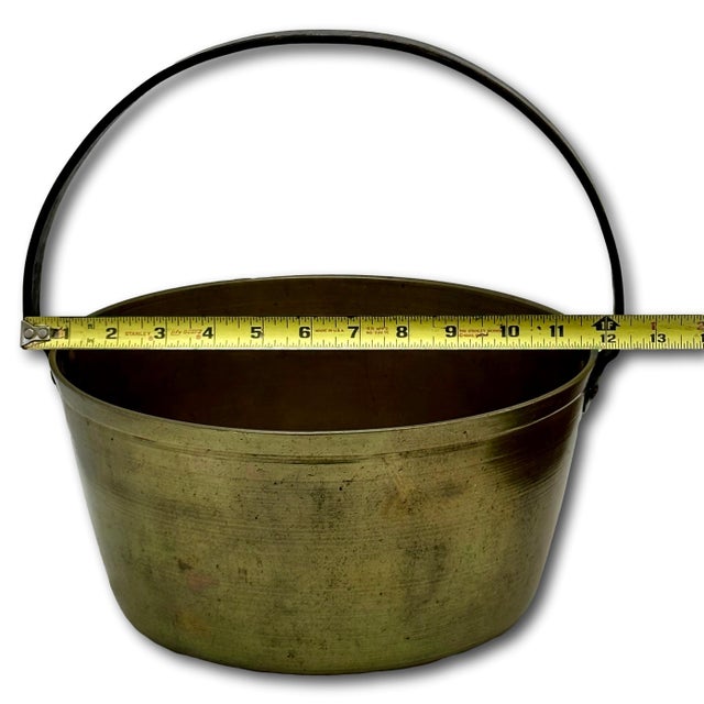 Antique 12 Inch Heavy Brass & Hand Wrought Iron Fireplace Hearth Hanging Cooking Pot Mid 19th Century For Sale - Image 16 of 18