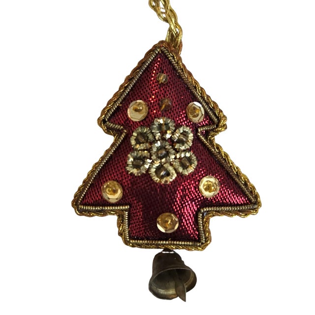 Handmade burgundy and gold puffed fabric mini hanging ornaments elaborately embroidered with metal threads using...