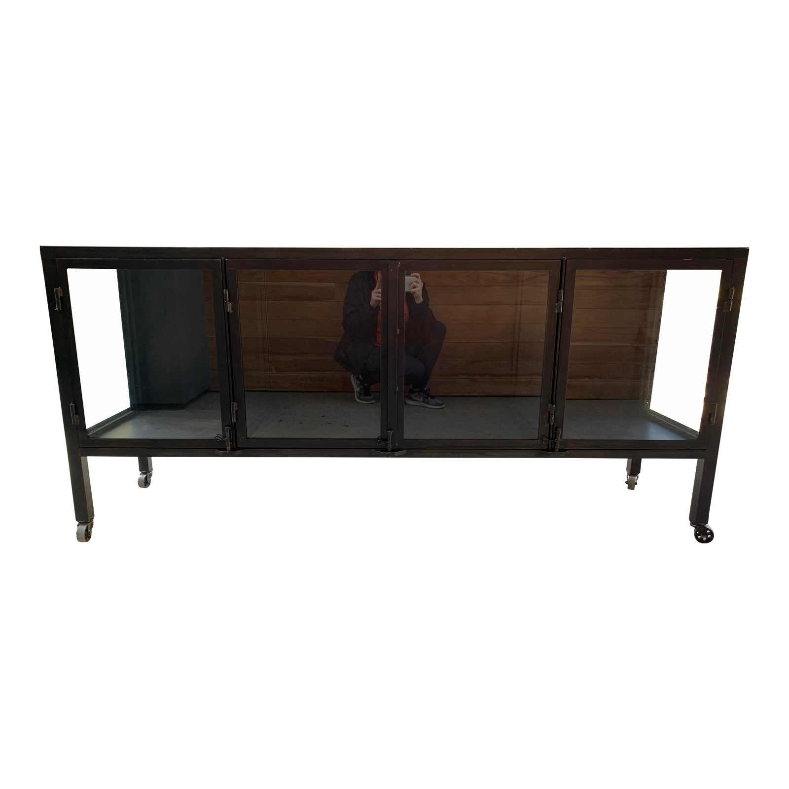 Industrial Metal And Glass Rolling Console Table From Cisco