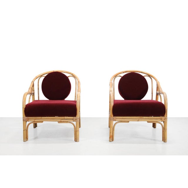 Wood Vintage Bamboo and Rattan Armchairs with Bordeaux Red Mohair, 1960s, Set of 2 For Sale - Image 7 of 7