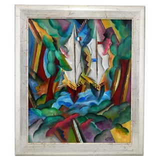 Patrick Leroy, Art Deco Style Landscape with Sailing Boats, Painting For Sale