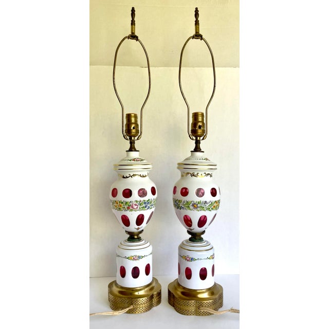Antique Bohemian Czech Glass Floral and Brass Lamps - a Pair For Sale - Image 10 of 13