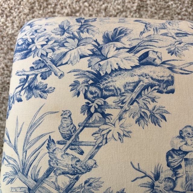 Vintage Wrought Iron Foot Rest / Ottoman With Blue Toile Upholstery For Sale - Image 4 of 11