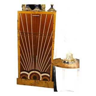Art Deco Birdseye Maple & Black Cabinet – Geometric Sunburst Inlay, Two-Door Storage & Deco Design For Sale