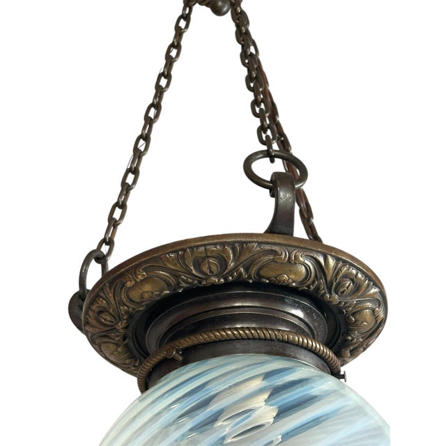 Circa 1910’s Phoenix Swirl Glass Globe on Brass Embossed Holder Hanging Pendant For Sale - Image 4 of 4