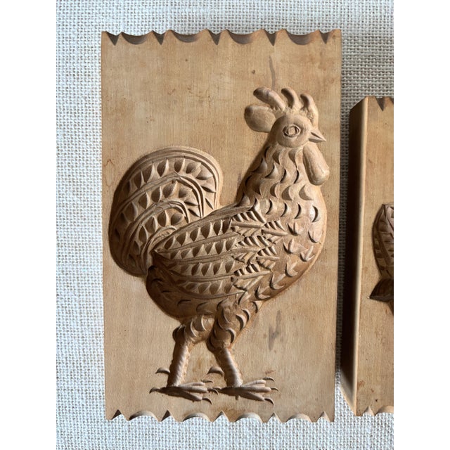 Pair of vintage German, hand carved wood Springerle Cookie Molds: a proud Rooster & sitting mother Hen with Chick. These...