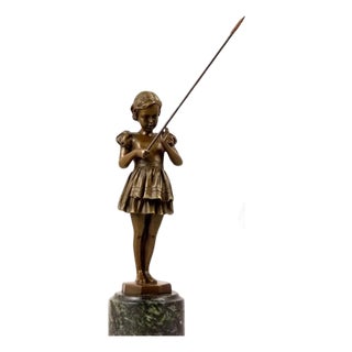 Art Deco Sculpture of Girl with Fishing Rod, 20th Century, Bronze For Sale