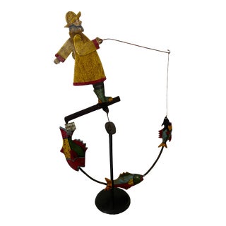 Late 20th Century Folk Art Fisherman Nautical Sky Hook Fishing Fish Teeter Totter Tin Balance For Sale
