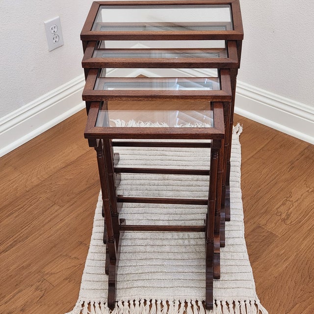 Late 20th Century Vintage Brandt Furniture, Four Glass Top Nesting Tables (A Quartetto), Antique Mahogany Finish For Sale - Image 5 of 16