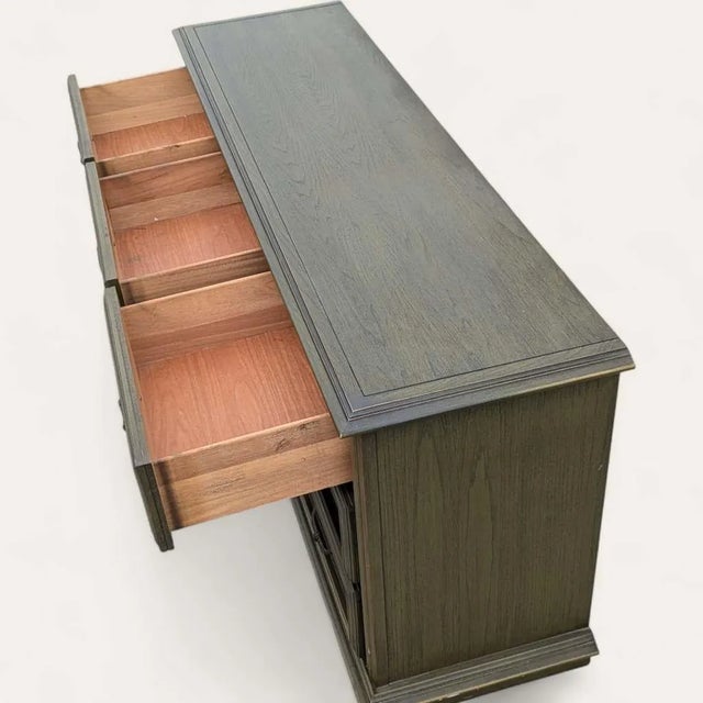 Postmodern Vintage Spanish Revival Nine-Drawer Lowboy Dresser in Olive Green, C. 1970s For Sale - Image 3 of 10