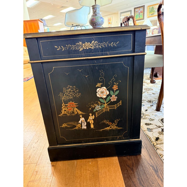 Chinoiserie Ebonized Hand Painted Kneehole Leather Top Desk For Sale In New York - Image 6 of 12