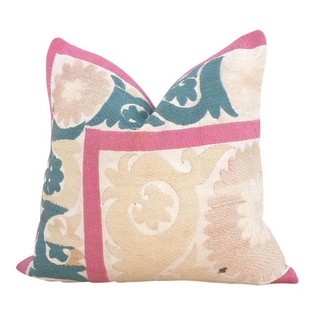 Peach Rose Vintage Suzani Pillow For Sale