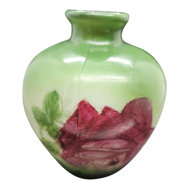 Vintage White Milk Glass Handpainted Green With Pink Rose Vase Decor Art For Sale