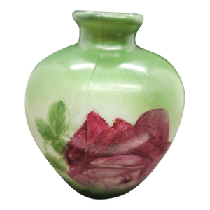 Vintage White Milk Glass Handpainted Green With Pink Rose Vase Decor Art